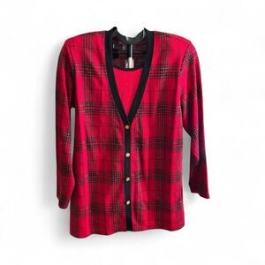 Cathy Daniels Sweater Pullover Size Medium Red Black Gold Shimmer Plaid Print